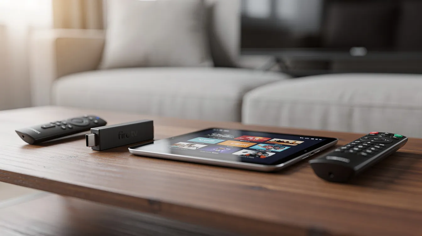 The image shows a coffee table adorned with various streaming devices, including an Amazon Fire TV stick, a tablet, and a smart TV remote, all set up for easy access to live TV channels and on-demand content. This arrangement highlights the convenience of enjoying flawless IPTV streaming and accessing a large collection of movies and TV shows with just an internet connection.