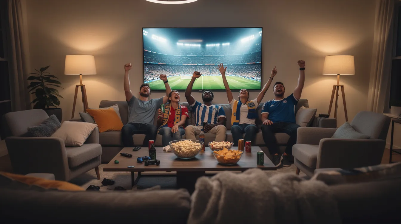 A group of friends is gathered in a cozy living room, enjoying their favorite sports games on a large television screen, while they instantly stream HD channels through their IPTV service. The atmosphere is lively as they cheer for their teams, surrounded by snacks and drinks.
