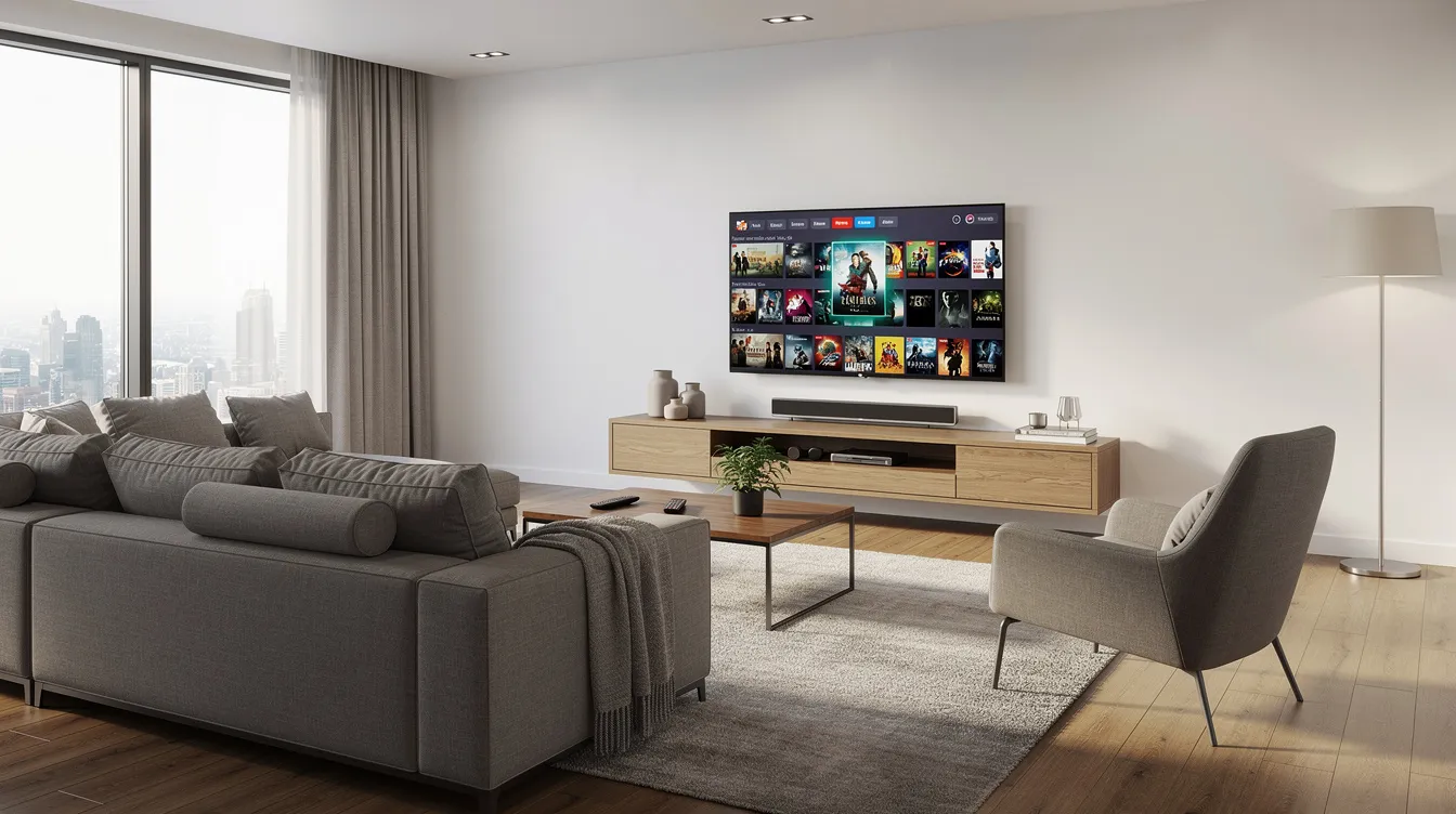 A modern living room features a large smart TV displaying a streaming interface, ideal for enjoying live TV channels and on-demand movies. Comfortable seating invites viewers to relax while they instantly stream HD channels and access a wide selection of IPTV options.